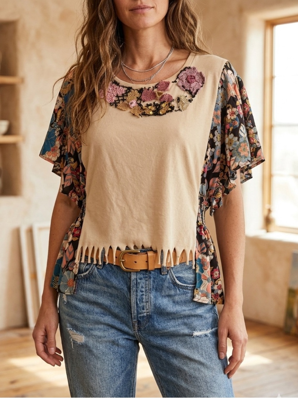 Mixed Media Upcycled Floral Fringe Top Large
